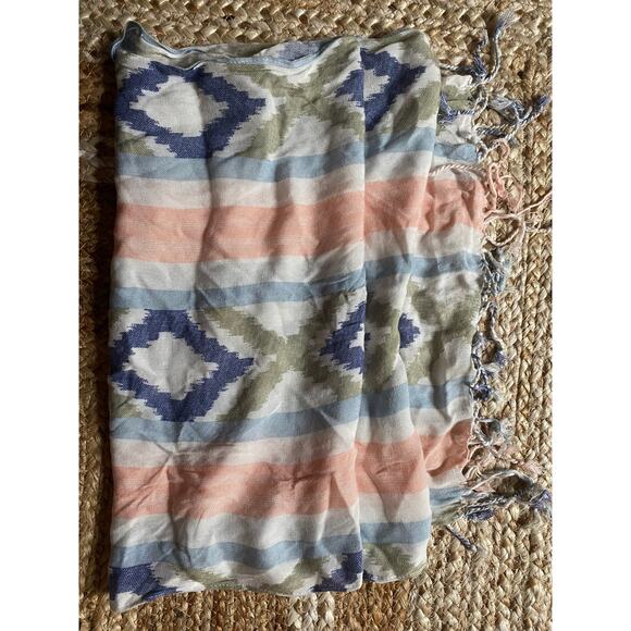 Womens Scarf with Fringe 17" x 70" Pink Blue White Geometric Pattern - Picture 2 of 3